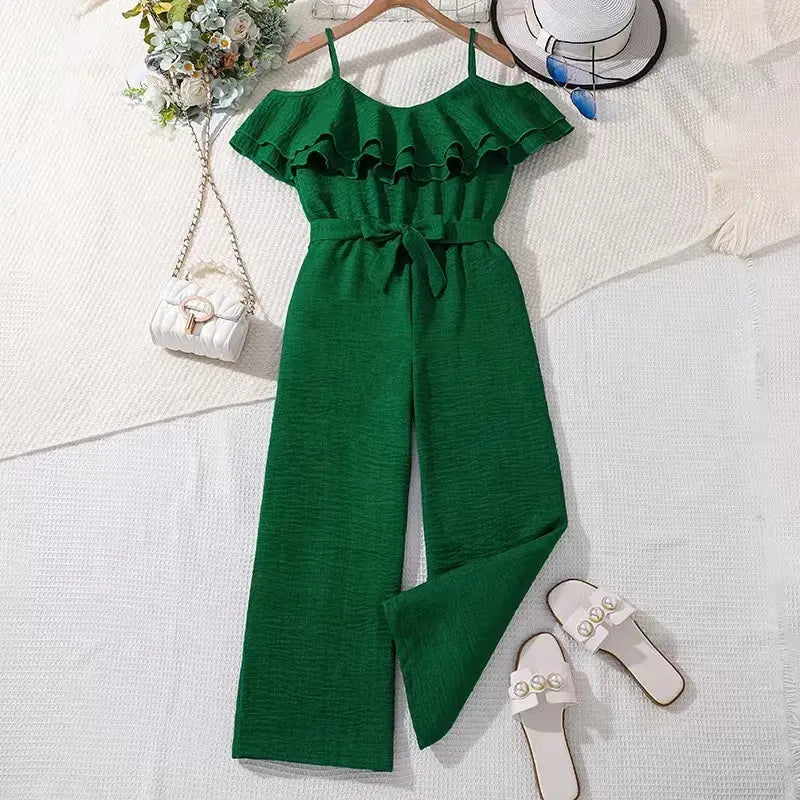Girls Belted Ruffle Jumpsuit